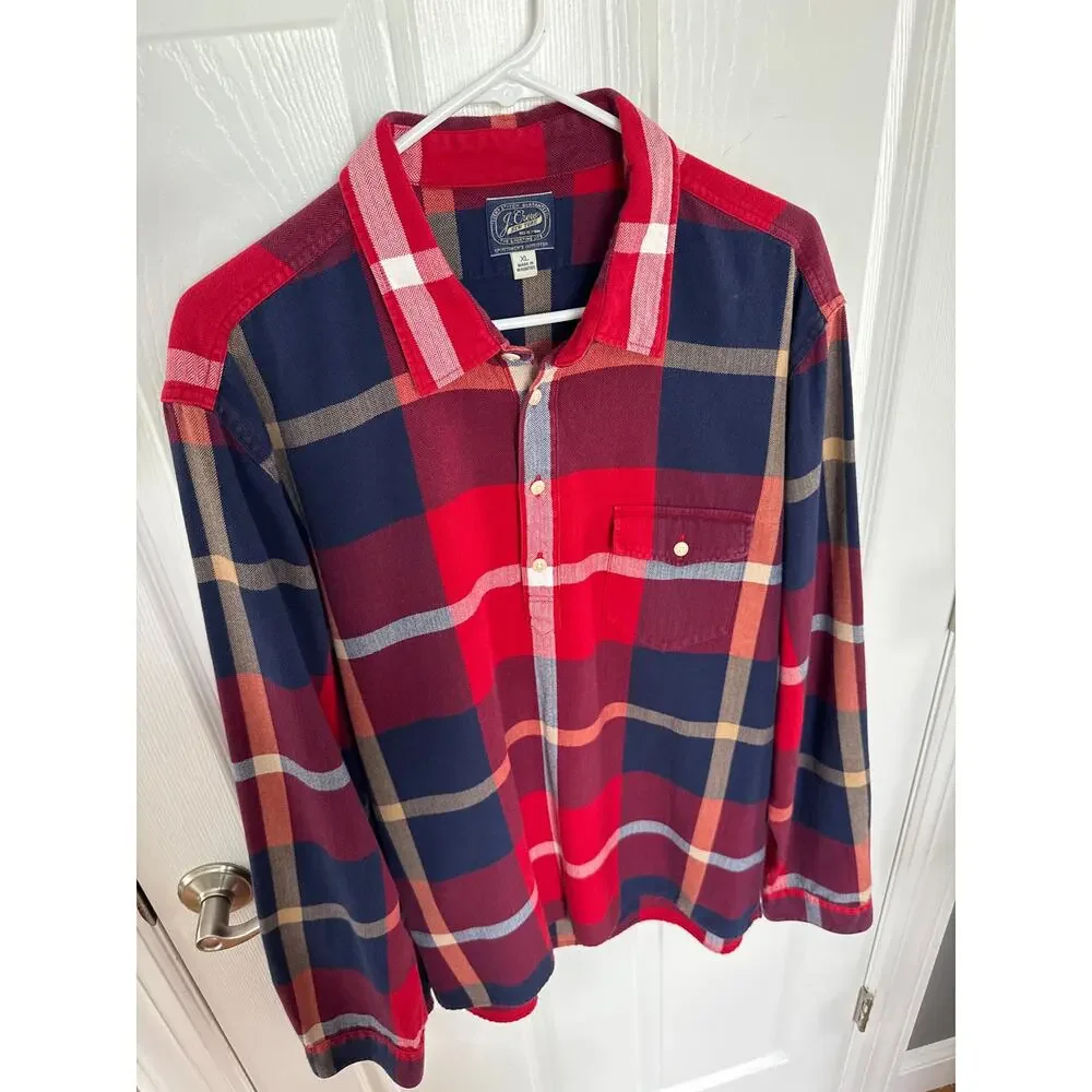 J.CREW New York Mens Red Flannel Plaid Shirt Long Sleeve Half Button XL